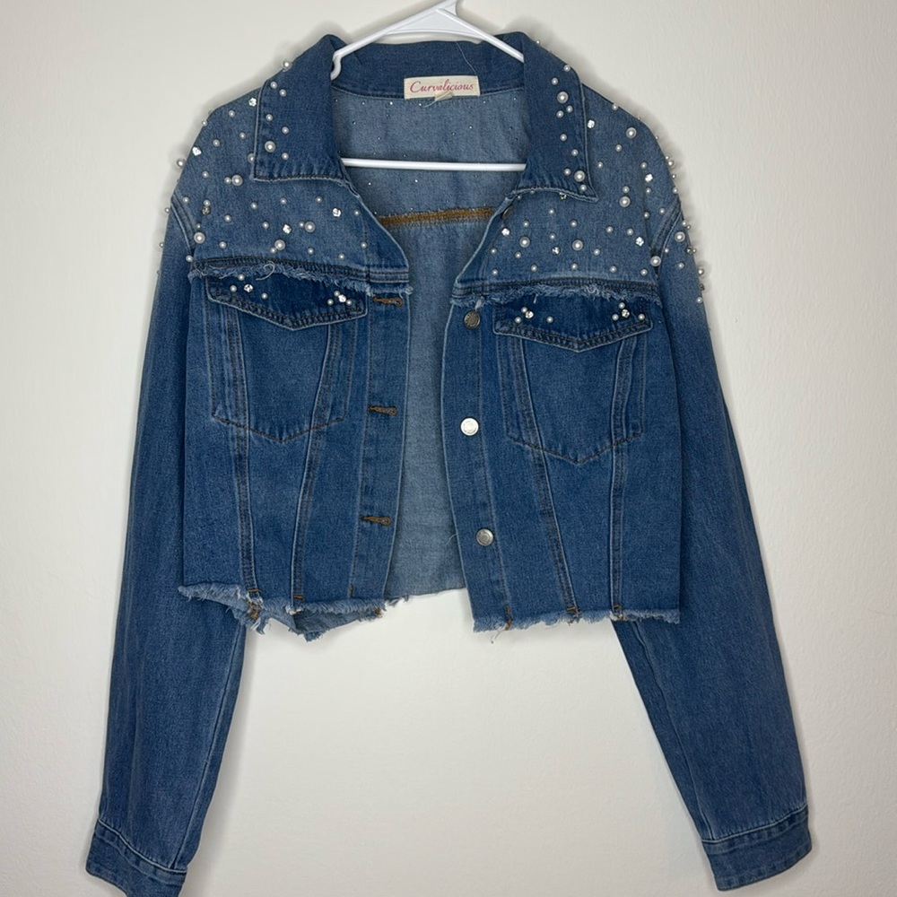 Size Medium. Cropped pearl embellished denim jacket